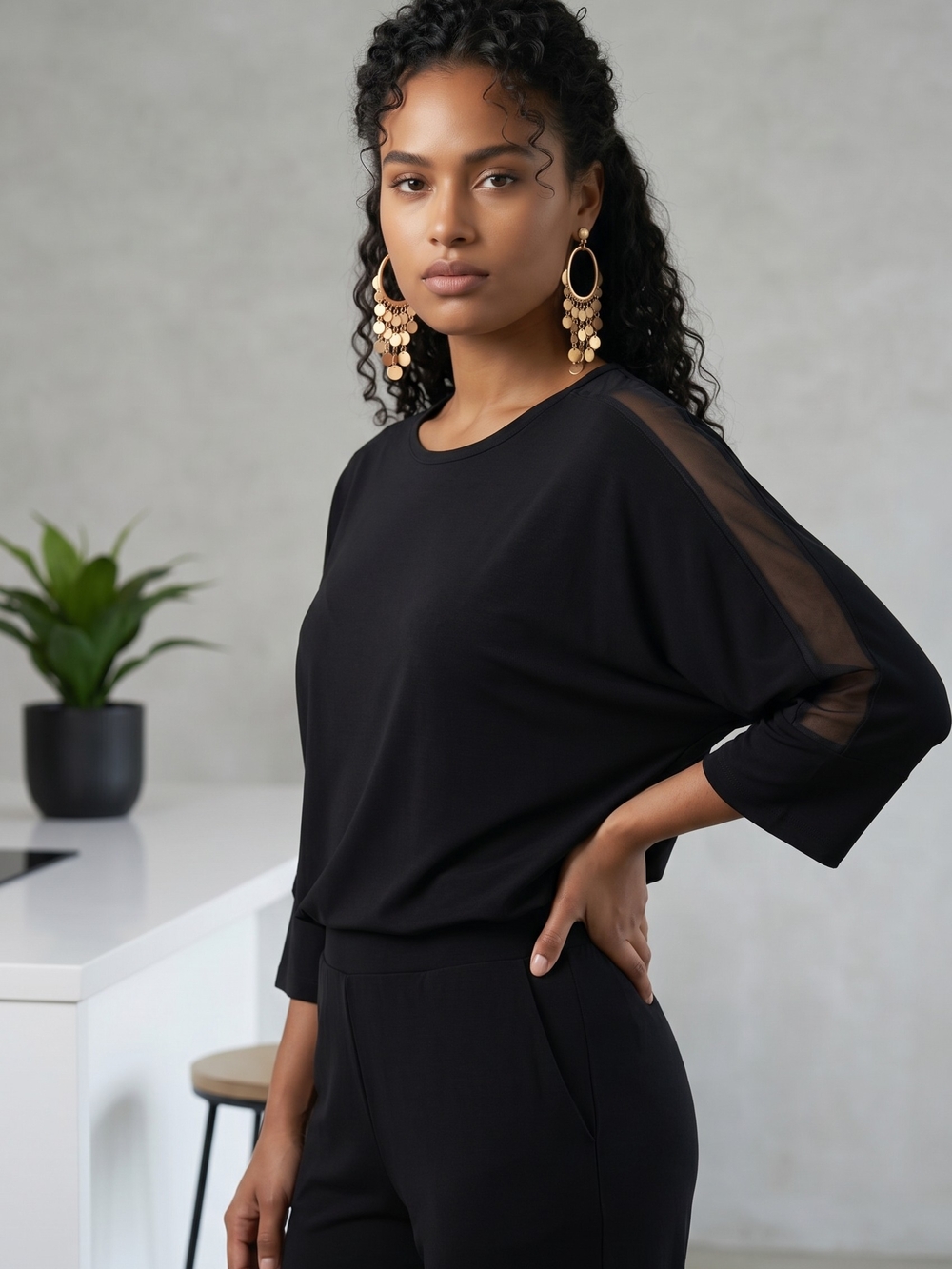 Jones New York Black Mesh Sleeve Blouse Women Plus 2X 3X Jersey Knit Top Minimal